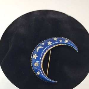 Vintage enamel crystal blue half moon pin/brooch gold tone